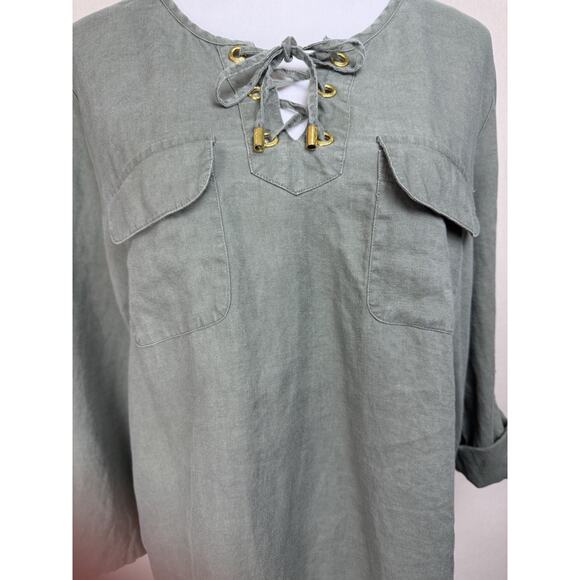 Company Ellen Tracy Green Tunic Lace Up Sz L Casual Classic Work Office - Picture 2 of 5